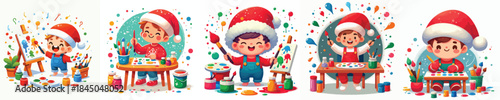 little boy wearing santa hat while painting. Vector, minimalist, illustration, icon set.