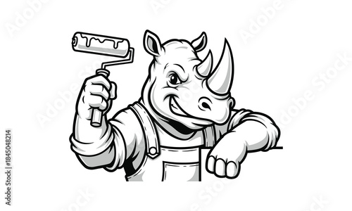Smiling rhino painter mascot holding roller in an overall uniform