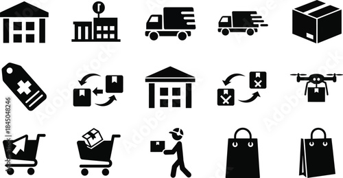 Fast delivery truck icons, shipping symbols set, express transportation graphic, courier service design, logistic speed icon pack for business