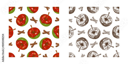 Hand drawn vintage seamless pattern of caramel apples on sticks and cinnamon sticks, green red color combo, monochrome and color