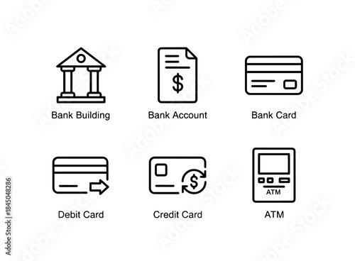 Bank Building Bank Account Bank Card Debit Card Credit Card ATM Minimal Bold Line