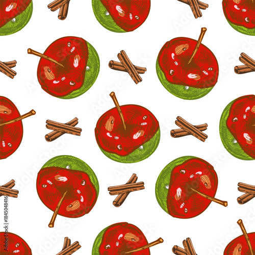 Hand drawn vintage seamless pattern of red caramel apples and cinnamon sticks in color, isolated vector illustration