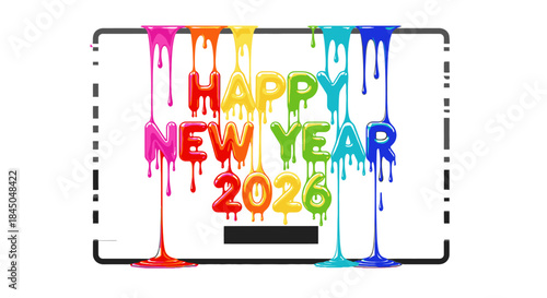 Vibrant 'Happy New Year 2026' text, rendered with a playful, colorful dripping paint effect, set against a clean white background, perfect for festive celebrations.