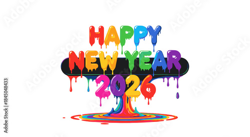 A vibrant and playful 'Happy New Year 2026' text design features colorful, dripping letters forming a celebratory message for the upcoming year.