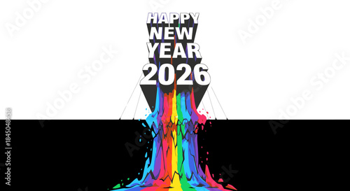 A vibrant and colorful splash of rainbow hues erupts from the 'Happy New Year 2026' text, symbolizing a fresh start and optimistic future.