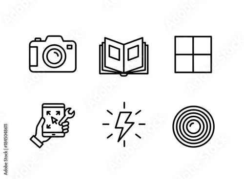Camera Photo Album Gallery Photo Editing Flash Lens Minimal Bold Line Icon Set