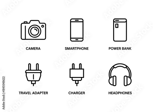 Camera Smartphone Power Bank Travel Adapter Charger Headphones Minimal Bold Line