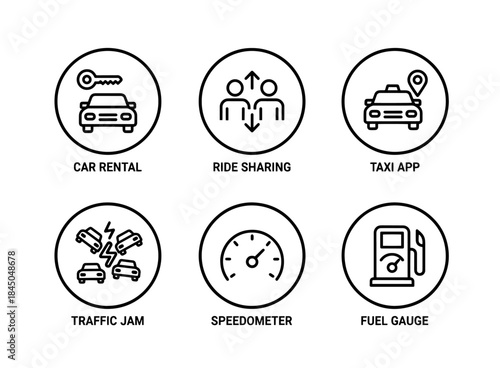 Car Rental Ride Sharing Taxi App Traffic Jam Speedometer Fuel Gauge Minimal Bold