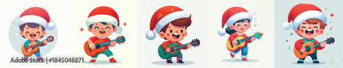 little boy wearing a santa hat while playing guitar. Vector, minimalist, illustration, icon set.
