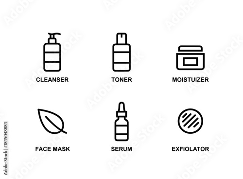 Cleanser Toner Moisturizer Face Mask Serum Exfoliator Minimal Bold Line Icon Set