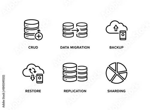 CRUD Data Migration Backup Restore Replication Sharding Minimal Bold Line Icon