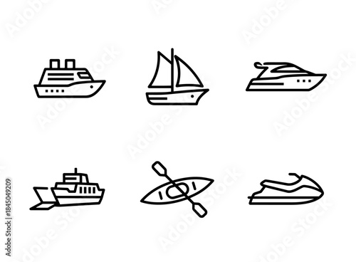 Cruise Ship Sailing Boat Yacht Ferry Kayak Jet Ski Minimal Bold Line Icon Set