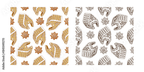 Hand drawn vintage seamless pattern of gingerbread house and star anise in color and monochrome versions