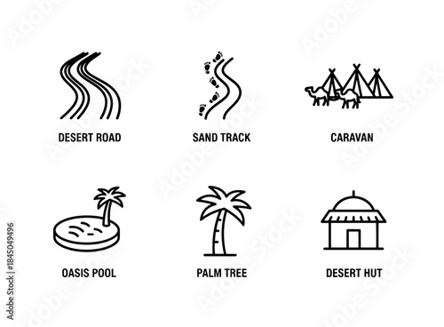 Desert Road Sand Track Caravan Oasis Pool Palm Tree Desert Hut Minimal Bold Line