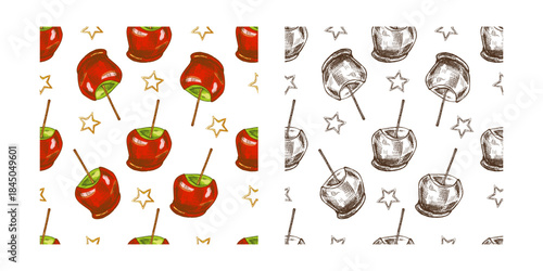 Hand drawn vintage seamless pattern of candied red apples with caramel coating and yellow stars on white background