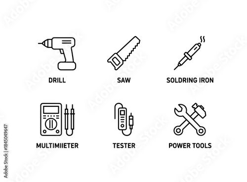 Drill Saw Soldering Iron Multimeter Tester Power Tools Minimal Bold Line Icon