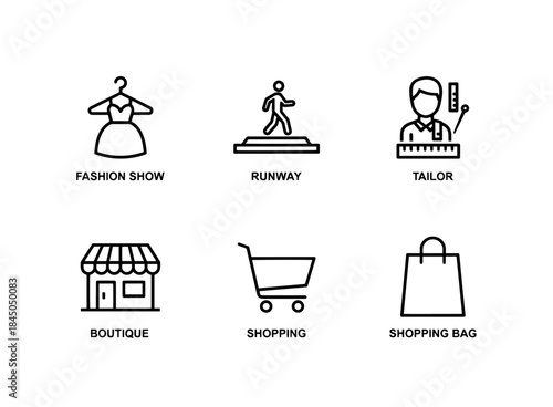 Fashion Show Runway Model Tailor Boutique Shopping Bag Minimal Bold Line Icon Set