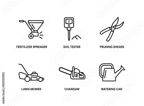 Fertilizer Spreader Soil Tester Pruning Shears Lawn Mower Chainsaw Watering Can Icon Set