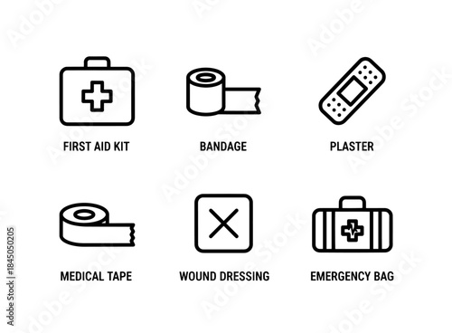 First Aid Kit Bandage Plaster Medical Tape Wound Dressing Emergency Bag Minimal Bold Icon Set