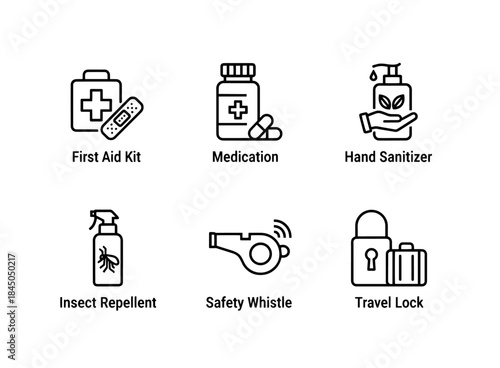 First Aid Kit Medication Hand Sanitizer Insect Repellent Safety Whistle Travel Kit Minimal Icon Set