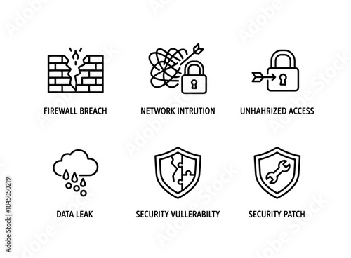 Firewall Breach Network Intrusion Unauthorized Access Data Leak Security Vulnerability Minimal Icon Set