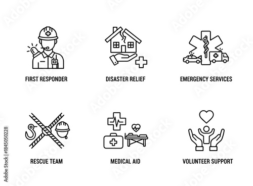 First Responder Disaster Relief Emergency Services Rescue Team Medical Aid Volunteer Minimal Icon Set