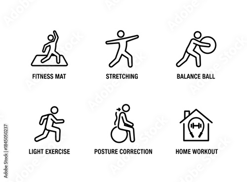 Fitness Mat Stretching Light Exercise Balance Ball Home Workout Posture Correction Minimal Bold Icon Set