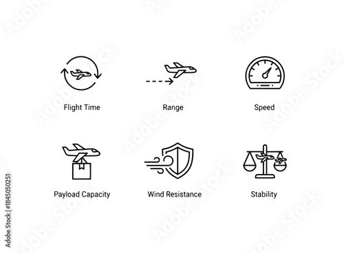 Flight Time Range Speed Payload Capacity Wind Resistance Stability Minimal Bold Icon Set