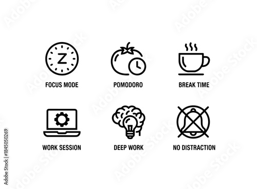 Focus Mode Pomodoro Break Time Work Session Deep Work No Distraction Minimal Bold Icon Set