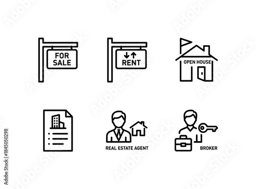 For Sale Sign For Rent Sign Open House Property Listing Real Estate Agent Broker Minimal Icon Set