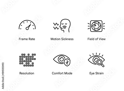 Frame Rate Motion Sickness Field of View Resolution Comfort Mode Eye Strain Minimal Icon Set