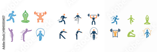 sports activities such as jogging, yoga, weight lifting, stretching, and skipping. Vector, minimalist, illustration, icon set.
