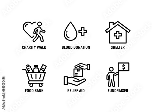 Fundraiser Charity Walk Blood Donation Shelter Food Bank Relief Aid Minimal Bold Icon Set