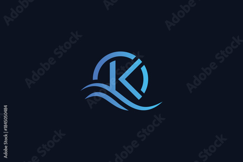 Modern Minimal Letter K Ocean Wave Logo Design on Blue Background