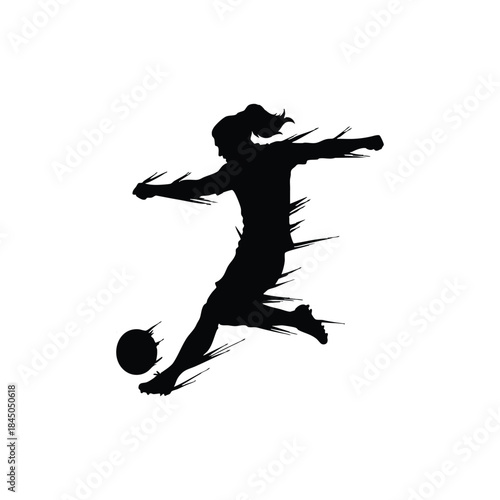 Silhouette of soccer player with ponytail kicking ball mid-air with motion lines for sports action concept