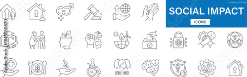 Social impact line icon set featuring community charity volunteer, non-profit donation support, diversity inclusion unity, and corporate social responsibility vector symbols