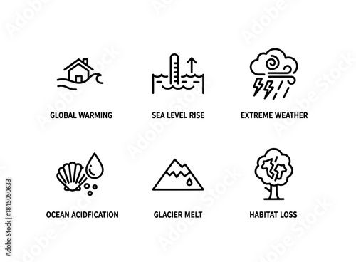 Global Warming Sea Level Rise Extreme Weather Ocean Acidification Glacier Melt Heatwaves Minimal Icon Set