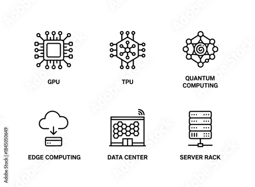 GPU TPU Quantum Computing Edge Computing Data Center Server Rack Minimal Bold Icon Set