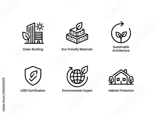 Green Building Eco Friendly Materials Sustainable Architecture LEED Certification Minimal Icon Set