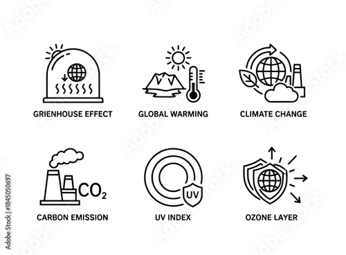 Greenhouse Effect Global Warming Climate Change Carbon Emission UV Index Ozone Layer Minimal Icon Set