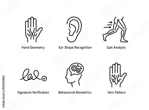 Hand Geometry Vein Pattern Ear Shape Recognition Gait Analysis Signature Verification Minimal Icon Set