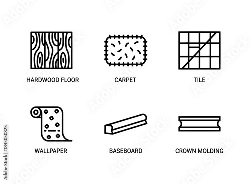 Hardwood Floor Carpet Tile Wallpaper Baseboard Crown Molding Minimal Bold Line Icon Set