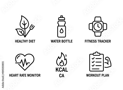 Healthy Diet Water Bottle Fitness Tracker Heart Rate Monitor Calories Burned Workout Minimal Icon Set