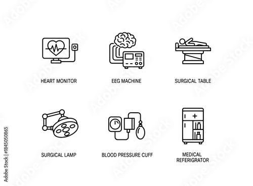 Heart Monitor EEG Machine Surgical Table Surgical Lamp Blood Pressure Cuff Medical Equipment Minimal Icon Set