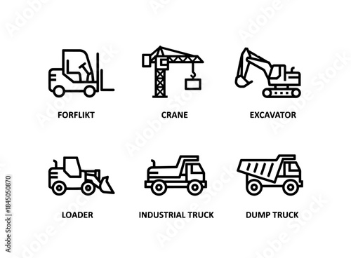 Heavy Equipment Forklift Crane Excavator Loader Industrial Truck Minimal Bold Icon Set