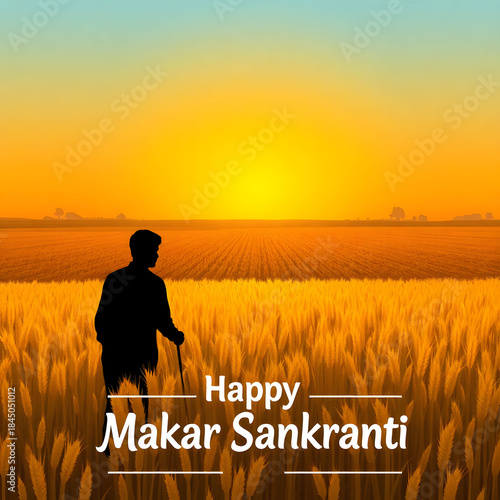 Farmer Silhouette in Sunset Field Banner (Happy Sankranti)
Silhouette of farmer with bundle of grain in golden sunset field wishing “Happy Sankranti” illustration.
