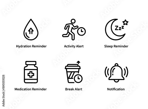 Hydration Reminder Activity Alert Sleep Reminder Medication Reminder Break Alert Minimal Icon Set