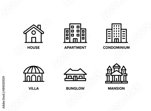 House Apartment Condominium Villa Bungalow Mansion Minimal Bold Line Icon Set