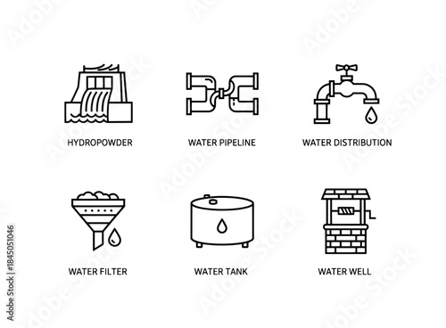 Hydropower Water Pipeline Water Distribution Water Filter Water Tank Water Well Minimal Icon Set