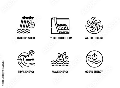 Hydropower Hydroelectric Dam Water Turbine Tidal Energy Wave Energy Ocean Energy Minimal Icon Set